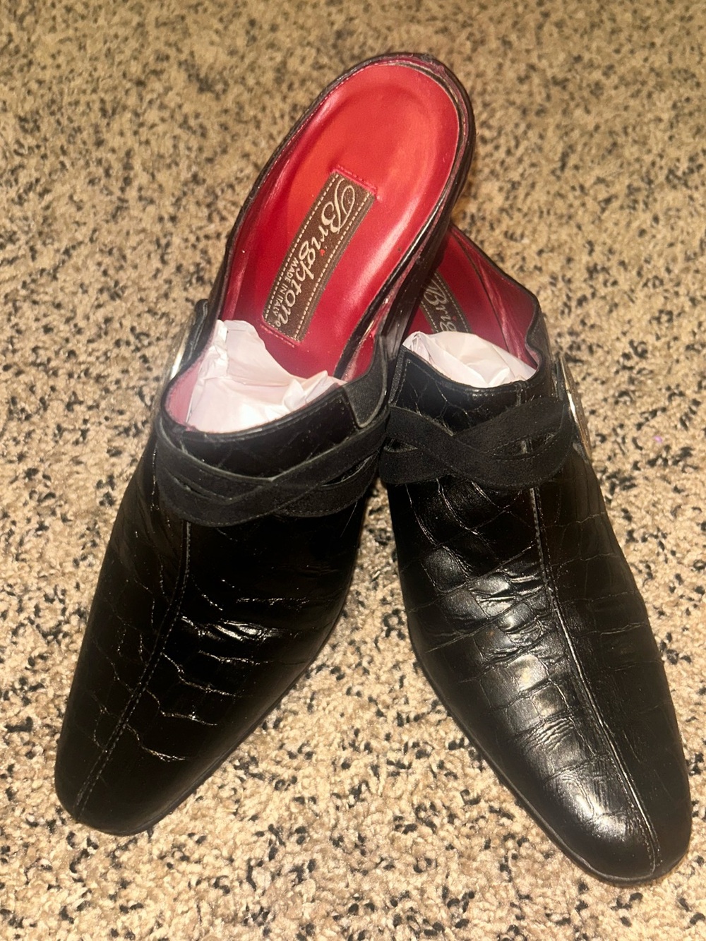 Brighton Black Romeo Mules Shoes Heels Pump Silver Croc Slip-On 7.5 Women's